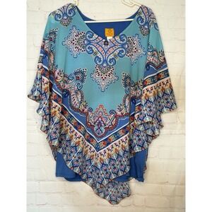 Ruby Rd Woman 1X Boho Paisley Print Handkerchief‎ Hem Tunic Top Blue Pink Floral